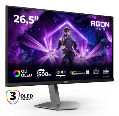 26.5" AOC AG276QKD2, QD OLED 2560x1440, 0.03 ms, 500Hz G-Sync, höjdjusterbar, pivot, 2xHDMI/DP, USB 3.2-hubb, högtalare