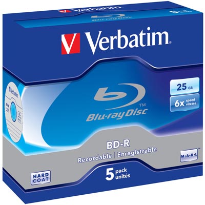 Blu-Ray BD-R media Verbatim 25 GB/200 min 6X, Hard Coat MABL, 5-pack jewel case