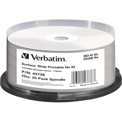 Blu-Ray BD-R media Verbatim 25 GB/200 min 6X, Printable, Hard Coat MABL, 25-pack spindel