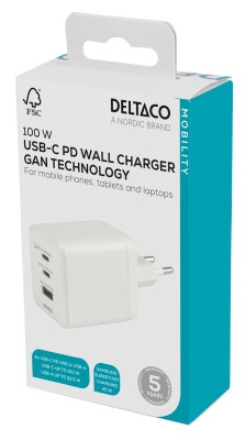 AC-adapter Deltaco USB GaN Wall Charger 100W, 2xUSB-C / 1xUSB-A#5