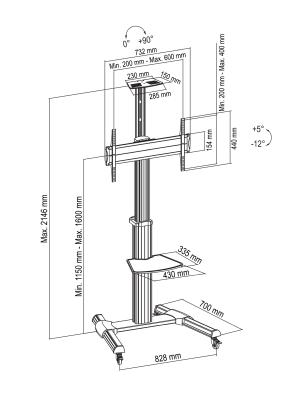 Golvstativ Deltaco OFFICE Höjdjusterbar skärmvagn i aluminium med svängbara hjul, hylla, 37-70", tilta, rotera, max 50 kg - Grå#4