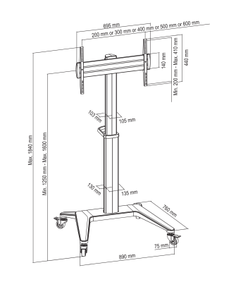 Golvstativ Deltaco OFFICE Höjdjusterbar skärmvagn i aluminium med svängbara hjul, 37-70", max 70 kg - Svart#2