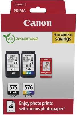 Canon PG-575/CL-576 svart+färg, Photo Value Pack (2 färgpatroner + 50 ark 10x15cm fotopapper)