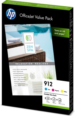 HP 912 Value Pack 3 patroner, Cyan/Gul/Magenta, inkl. 125 ark A4
