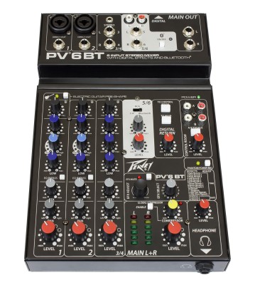 Peavey PV-6 BT Mixer, 6-kanals med 2xXLR och 48V fantommatning, uppspelning från USB/Bluetooth