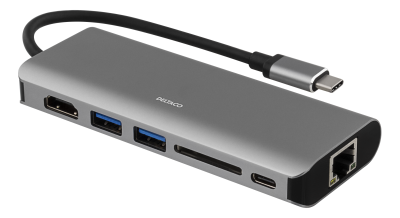 Multi-adapter Deltaco, USB-C till HDMI/2xUSB 3.0/USB-C/GigaLAN, kortläsare SD - Rymdgrå