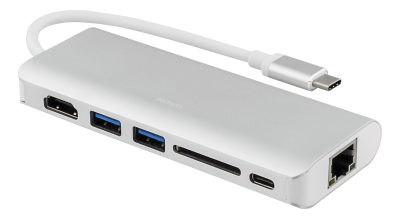 Multi-adapter Deltaco, USB-C till HDMI/2xUSB 3.0/USB-C/GigaLAN/SD-kort - Silver