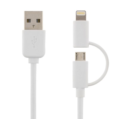 USB 2.0-kabel A ha till Micro B ha/Lightning, 2 meter, Deltaco, MFi - Vit