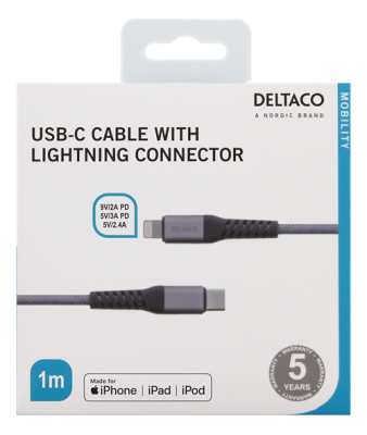 USB-C till Lightning-kabel, 5V/3A PD, tygklädd, 1 meter - Rymdgrå#2