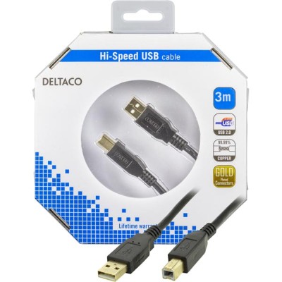 USB 2.0-kabel A ha till B ha, 3 meter, svart