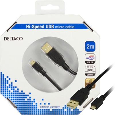 USB 2.0-kabel A ha till Micro B ha, 2 meter, svart