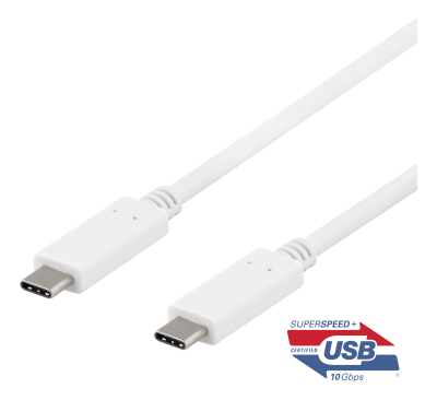 USB-C 3.1-kabel Gen2 Typ C ha till C ha, 1 meter, 100W PD, Deltaco - Vit#1