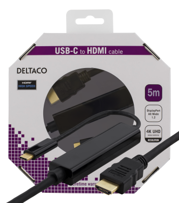 DELTACO USB-C - HDMI, Ultra HD 3840x2160 30Hz, 5m, svart