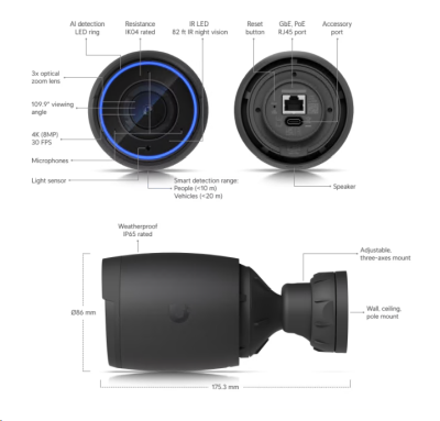 Ubiquiti Networks AI Professional, 4K@30fps, 8MP, inomhus/utomhus, dag/natt, IR 25 meter, PoE#3