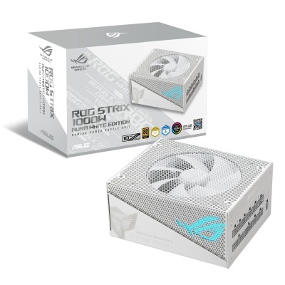 Asus ROG Strix 1000W Aura White Edition, ATX 3.0, 135 mm fläkt, 80PLUS Gold, löstagbara kablar, Aura Sync RGB - Vit