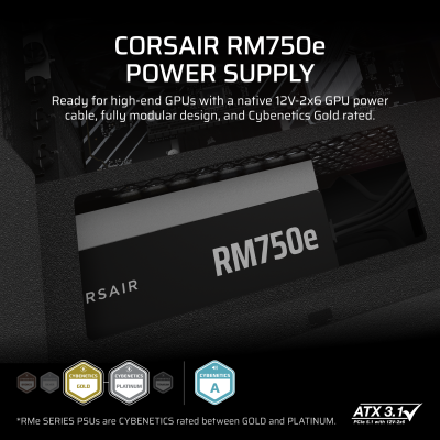 Corsair RM750e (2025) 750W, PCIe 5.1, ATX 3.1, 120 mm fläkt, 80PLUS Gold, semipassivt, löstagbara kablar - Svart#7