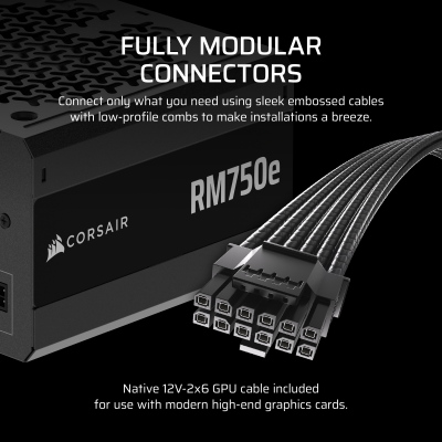 Corsair RM750e (2025) 750W, PCIe 5.1, ATX 3.1, 120 mm fläkt, 80PLUS Gold, semipassivt, löstagbara kablar - Svart#8