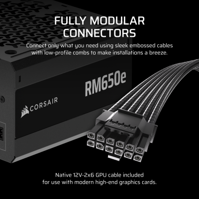 Corsair RM650e (2025) 650W, PCIe 5.1, ATX 3.1, 120 mm fläkt, 80PLUS Gold, semipassivt, löstagbara kablar - Svart#7