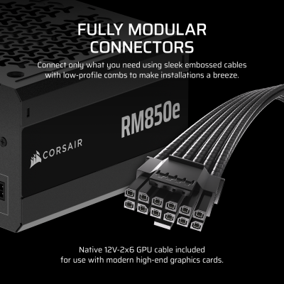 Corsair RM850e (2025) 850W, PCIe 5.1, ATX 3.1, 120 mm fläkt, 80PLUS Gold, semipassivt, löstagbara kablar - Svart#5
