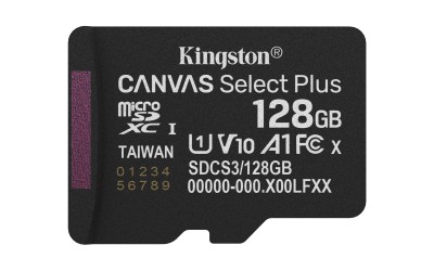 Micro Secure Digital SDXC 128 GB Kingston Canvas Select Plus Gen3, 150 MB/sek läs, Class 10, A1, UHS-I U1