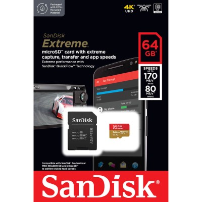 Micro Secure Digital SDXC 64 GB Sandisk Extreme, 170/80 MB/sek, Class 10, UHS-I V30, U3, A2, inkl. SD-adapter#3