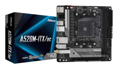 ASRock A520M-ITX/ac, AMD Socket AM4, Mini-ITX, 2xDDR4, PCI Express, 2xM.2 + SATA3 RAID, HDMI/DP, USB-C, GigaLAN, WiFi 5, Bluetooth 4.2