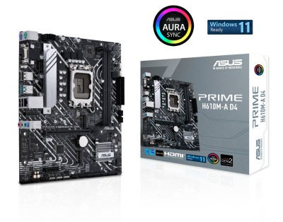 Asus Prime H610M-A D4, Intel LGA1700, PCI Express, MicroATX, 2xDDR4, M.2 + SATA3, VGA/HDMI/DP, USB 3.2, GigaLAN, Aura Sync RGB