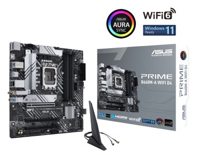 Asus PRIME B660M-A WIFI D4, Intel LGA1700, PCI Express, MicroATX, 4xDDR4, 2xM.2 + SATA3, 2xHDMI/DP, USB-C (front), GigaLAN, WiFi 6, Bluetooth, Aura Sync RGB