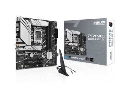 Asus Prime B760M-A WIFI D4, Intel LGA1700, 2xPCI Express, MicroATX, 4xDDR4, 2xM.2 + SATA3 RAID, 2xHDMI/DP, USB-C (front), 2.5Gbe LAN, WiFi 6, Bluetooth 5.2, Aura Sync RGB