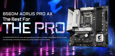 Gigabyte B560M AORUS PRO AX, Intel LGA1200, B560, PCI Express, MicroATX, 4xDDR4, 2xM.2 + SATA3 RAID, HDMI/DP, USB-C, 7.1 audio, 2.5Gbe LAN, WiFi 6, Bluetooth, RGB Fusion 2.0#2