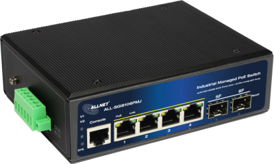 ALLNET ALL-SGI8106PMJ-BT, 4xPoE GbE, 2xSFP, fläktlös, DIN-skena, 360W PoE, Smart Layer2+