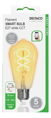 Deltaco Smart Home SH-LFE27ST64S Filament Spiral LED-lampa, E27, WiFi, 5,5W, 1800K-6500K - Vit#2