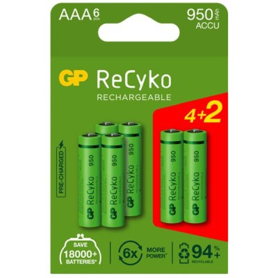 Laddningsbart batteri GP ReCyko 950 mAh AAA/R03, 6-pack