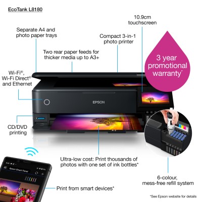 Epson EcoTank L8180, A3 skrivare + scanner + kopiator, 16/12 ppm ISO, 6-färger, 1200x4800 dpi scanner, display, duplex, AirPrint, USB/LAN/WiFi#10