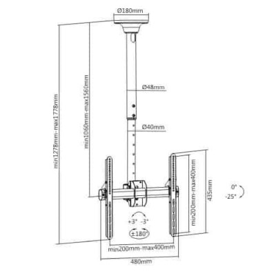 Takfäste HI-ND Ceiling Mount and Telescope pipe, för skärm 32-65", 100-160cm, VESA 200x200-400x400mm, max 50 kg - Vit#3