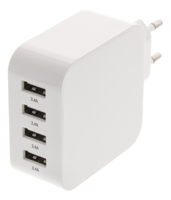 Strömadapter, Deltaco, från 100-240V till 5V 4xUSB, 2,4A på varje port - Vit