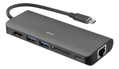 Multi-adapter Deltaco, USB-C till HDMI/2xUSB 3.0/USB-C/GigaLAN, kortläsare SD - Svart#1