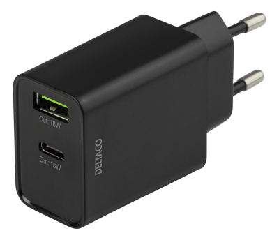 Väggladdare Deltaco 230V till 1xUSB-C PD och 1xUSB-A, 18W - Svart#1