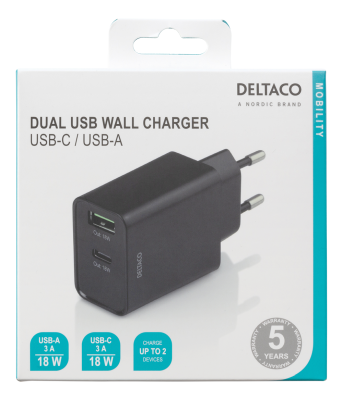 Väggladdare Deltaco 230V till 1xUSB-C PD och 1xUSB-A, 18W - Svart#3