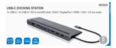 Dockningsstation Deltaco, USB-C till VGA/HDMI/DP/2xUSB 3.0/GigaLAN USB-C PD 3.0, kortläsare SD/MicroSD - Svart#4