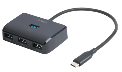 USB-C-hub Deltaco, USB-C till 4xUSB-A, extra strömtillförsel - Svart