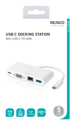 Multi-adapter Deltaco, USB-C till VGA/HDMI/USB 3.0/GigaLAN/USB-C 60W PD - Vit#2