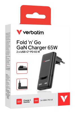 Väggladdare Verbatim Fold 'n' Go GaN Charger 65W, 2xUSB-C - Svart#5